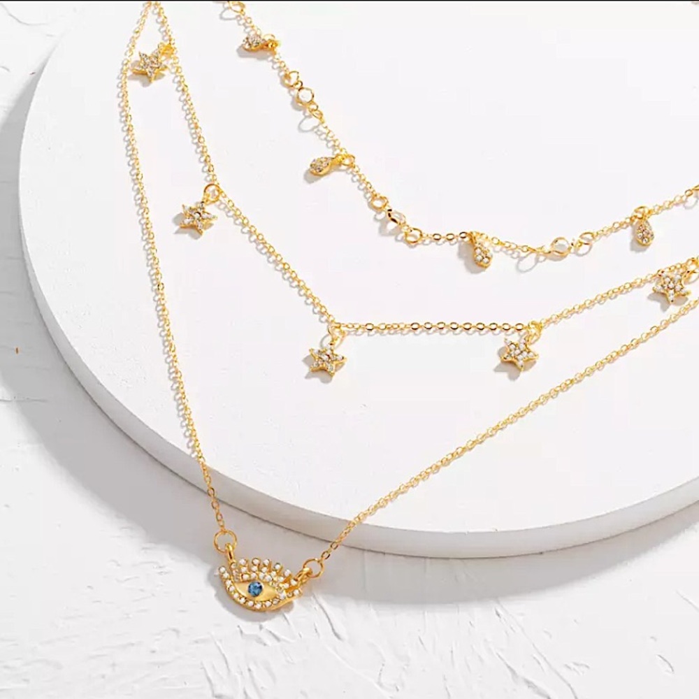 ⚜️𝟯𝟬%𝗢𝗙𝗙 𝗯𝘂𝗻𝗱𝗹𝗲𝘀 𝟯+⚜️ NEW 3 Layered Gold Rhinestone Evil Eye Necklace - Picture 5 of 10